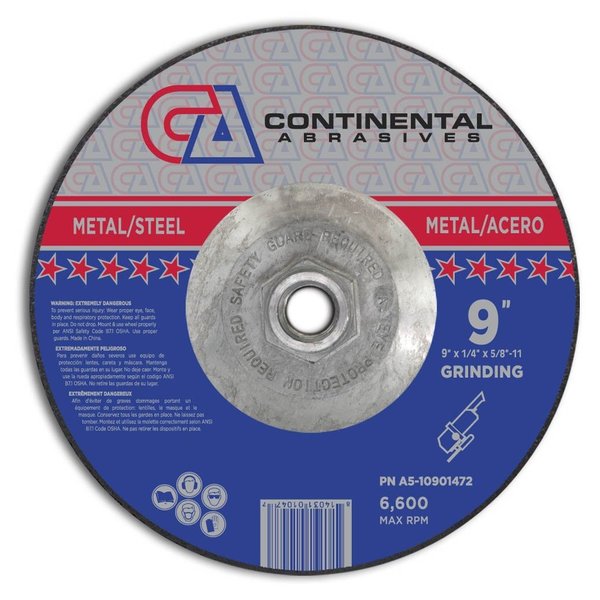 Continental Abrasives 9" x 1/4" x 5/8-11" Signature T27 Depressed Center Grinding Wheel A5-10901472